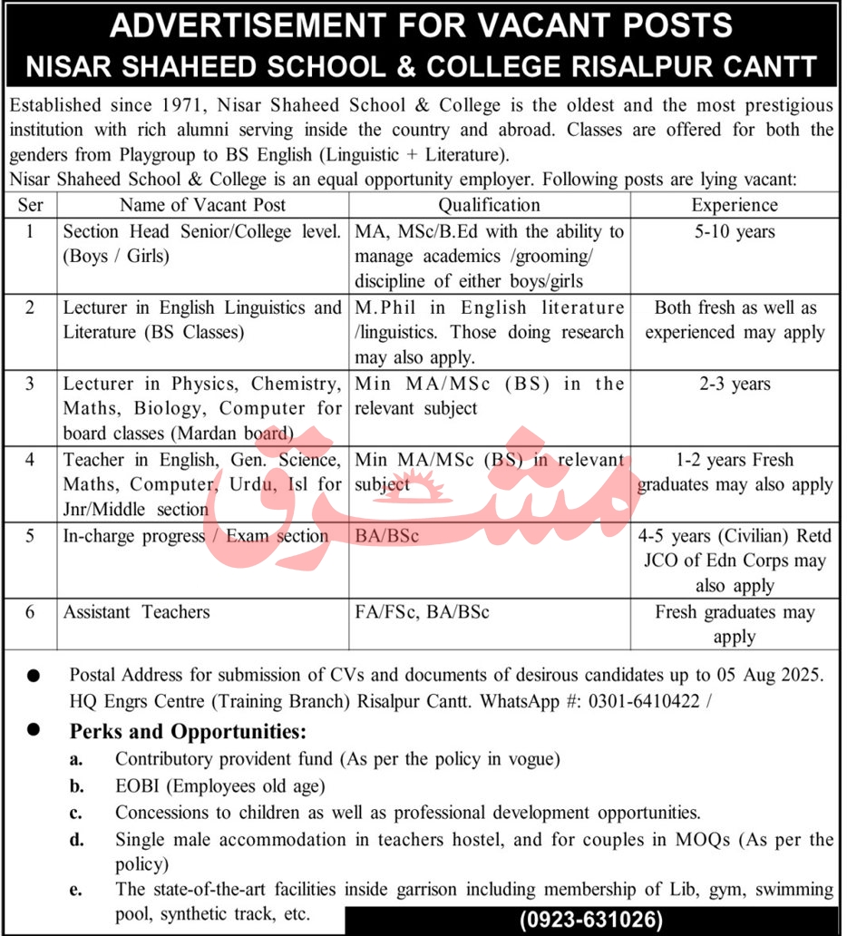 Jobs in Nisasr Shaheed School & College Risalpur